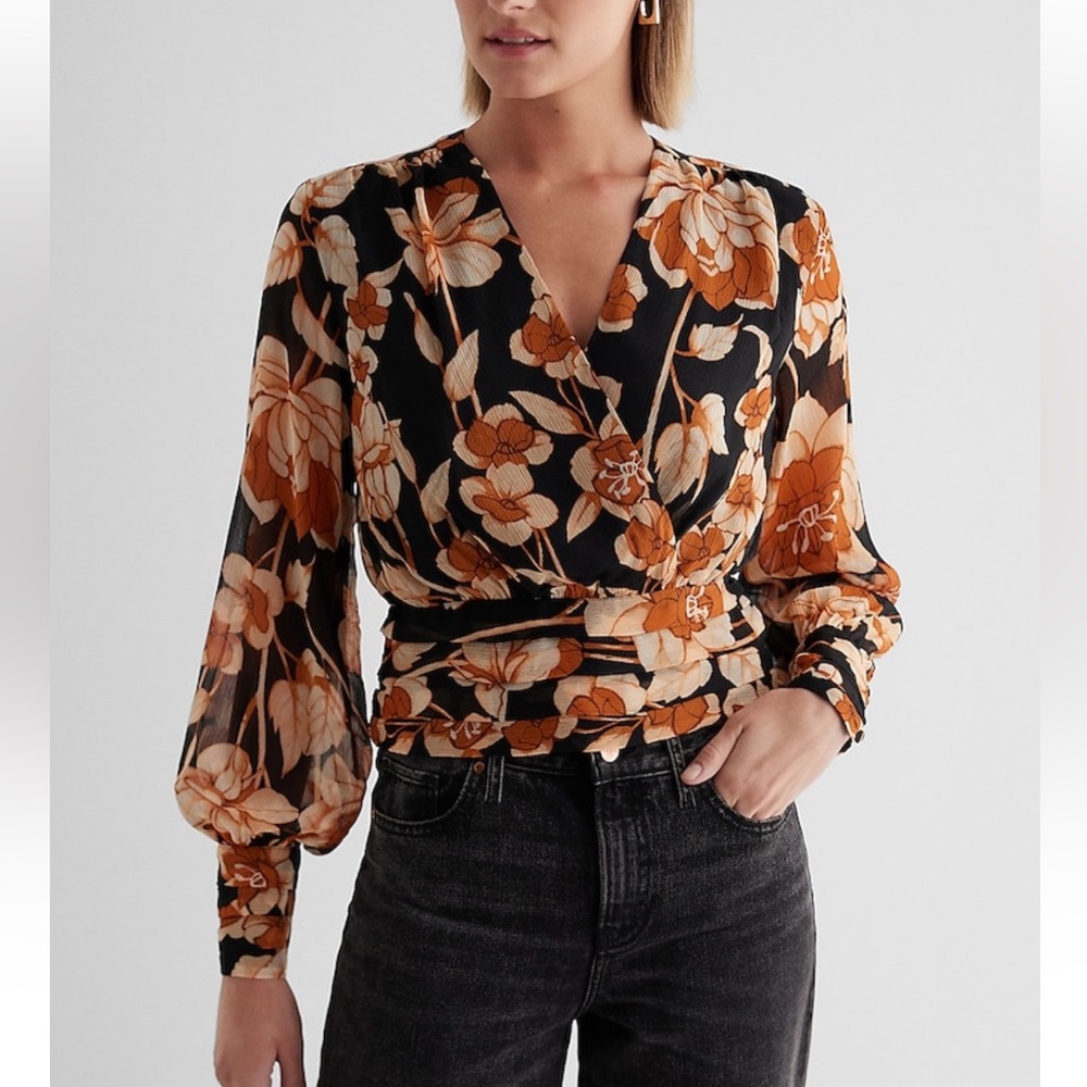 NWOT Express, Floral V-Neck Long Sleeve Faux Wrap Blouse